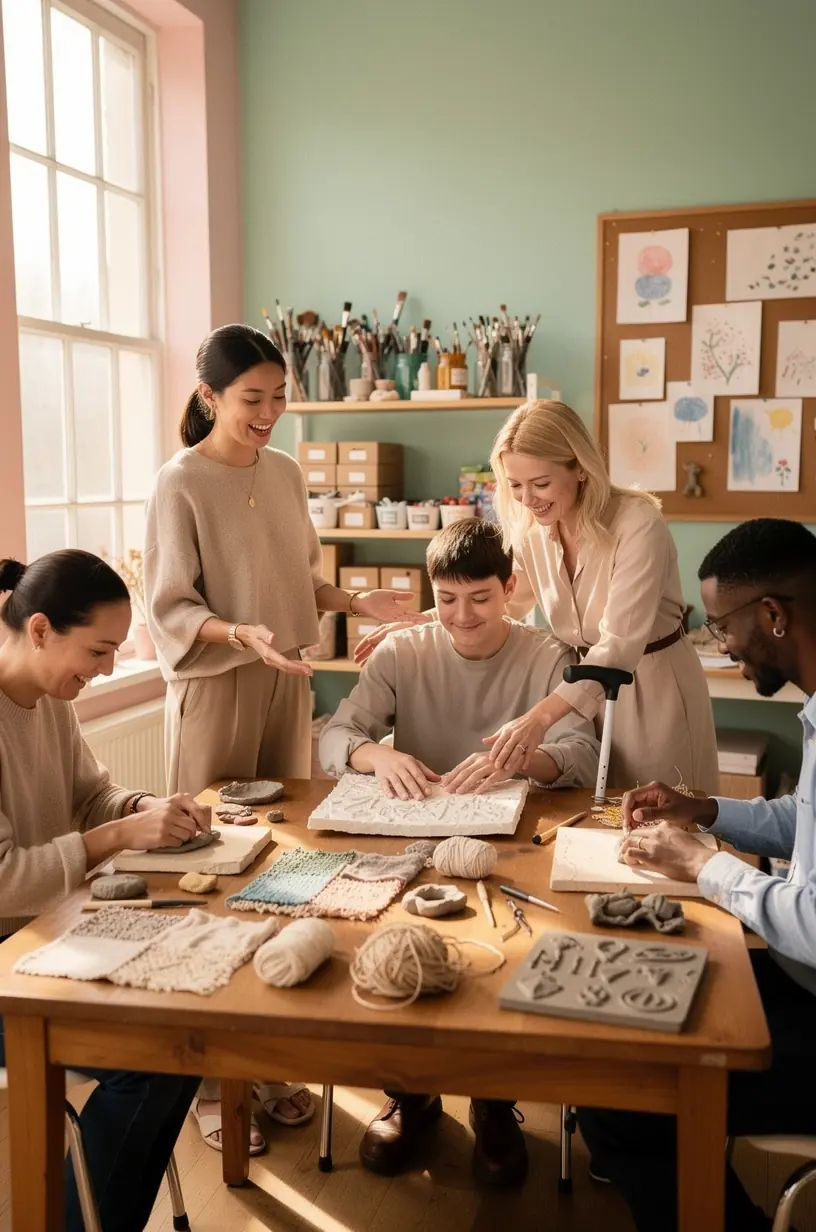 Supportive art therapy environment with creative tools.